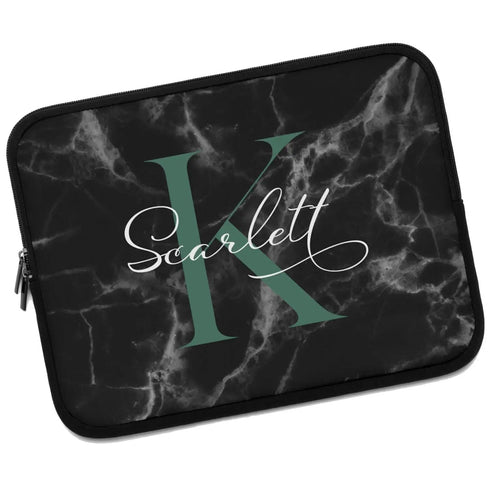 Black Marble Monogram Name Laptop Sleeve